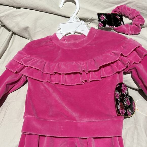 Btween 12m hot pink velour ruffled sweatsuit and scrunchie nwt perfect - Picture 2 of 7